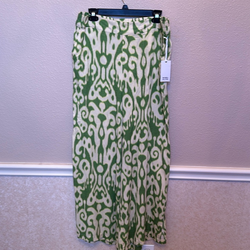 ROSE+OLIVE boho green print palazzo wide leg rayon pants size L